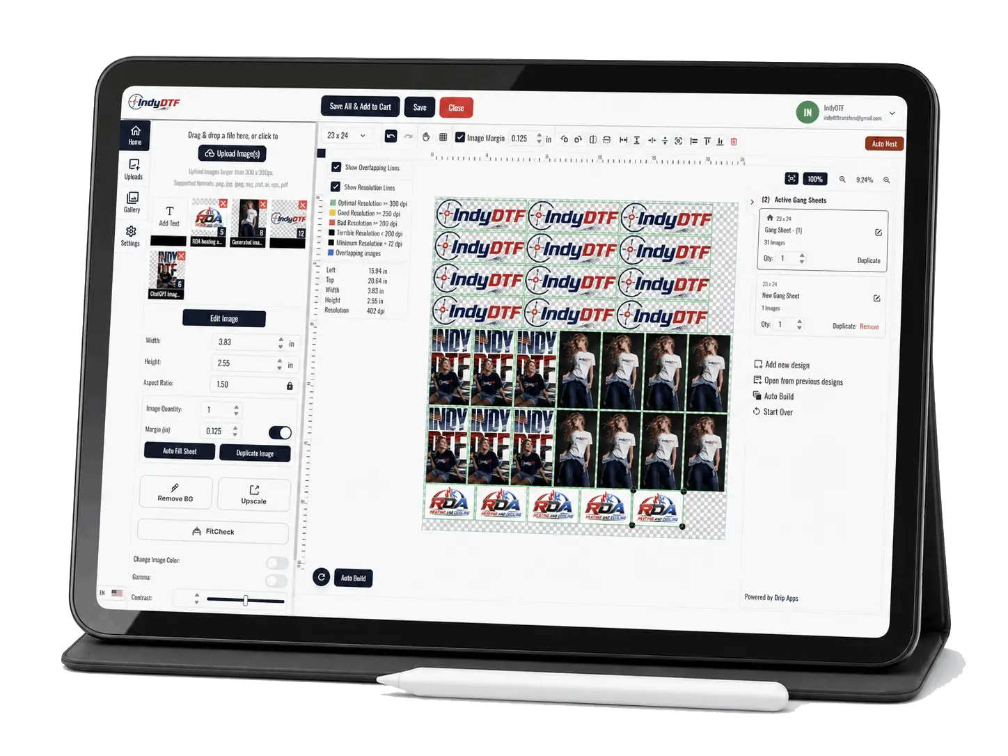 Gang Sheet Builder shown on a mobile device
